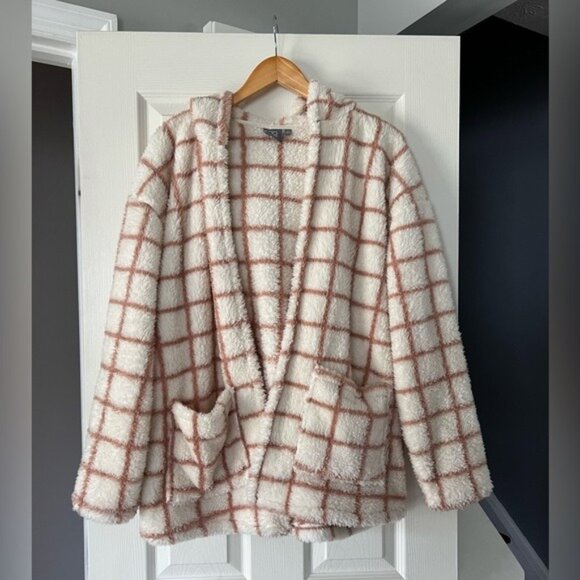 Daisy Fuentes Sherpa Hoodie Jacket L Cozy Plush Fuzzy Grid Check Open Front Pock - Picture 1 of 3